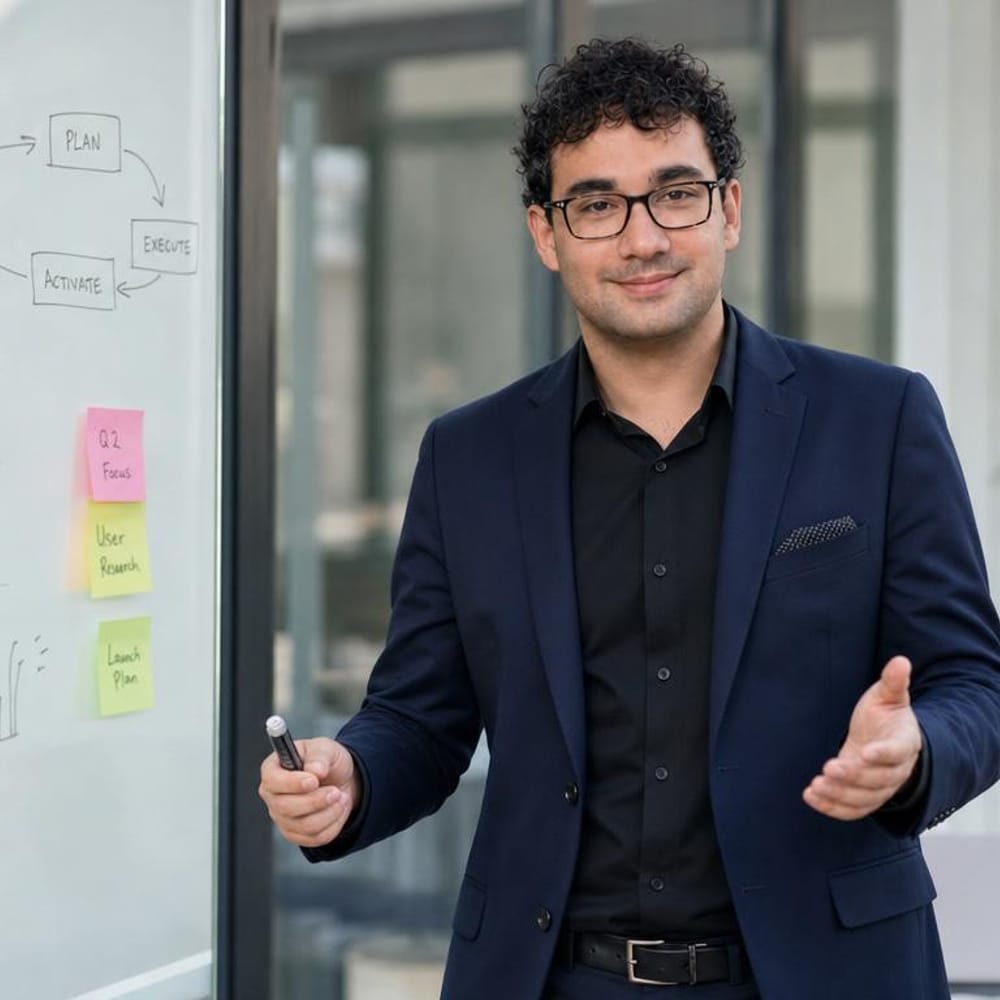 Deniz Duman erklärt die Strategie am Whiteboard